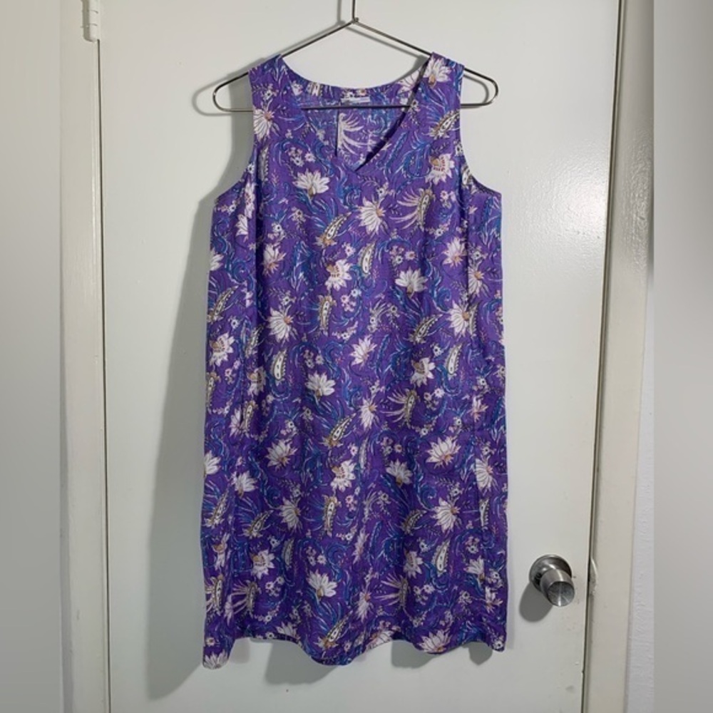 J Jill Love linen, purple, floral, sleeveless, two pocket a-line mini dress XS
